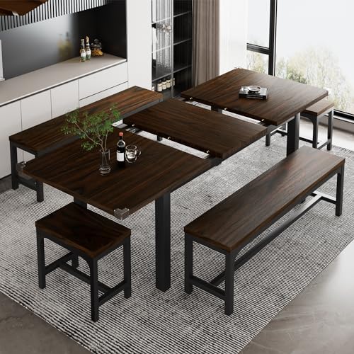 iPormis 5-Piece Dining Table Set for 4-8 People, Extendable Kitchen Table Set with 2 Benches and 2 Square Stools, Mid-Century Dining Room Table with Metal Frame & MDF Board, Saving Space, Espresso iPormis