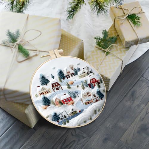 FONNUY Crewel Christmas Embroidery Kit for Beginners, Cross Stitch Set Winter Snow Scene Pine Owl Pattern for Adults, Easy to Follow Color Thread Needlework, 8'' Hoop (Snow Village)