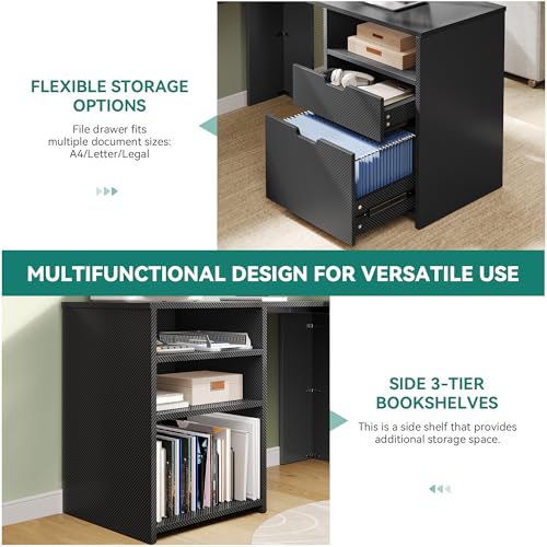 DWVO U Shaped Desk with Drawers, Gaming Desk with Power Outlets & LED Lights, Wood Computer Desk Home Office Desks with Storage Shelves, Black Carbon Fiber DWVO