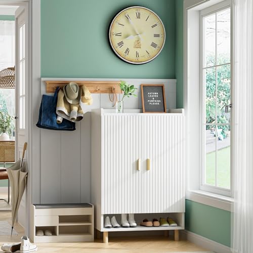 GEBAROW 8-Tier Shoe Storage Cabinet, Modern Organizer Cabinet with Doors, Wood Shoe Rack with Adjustable Shelves for Entryway, Hallway, Closet, Living Room, White GEBAROW