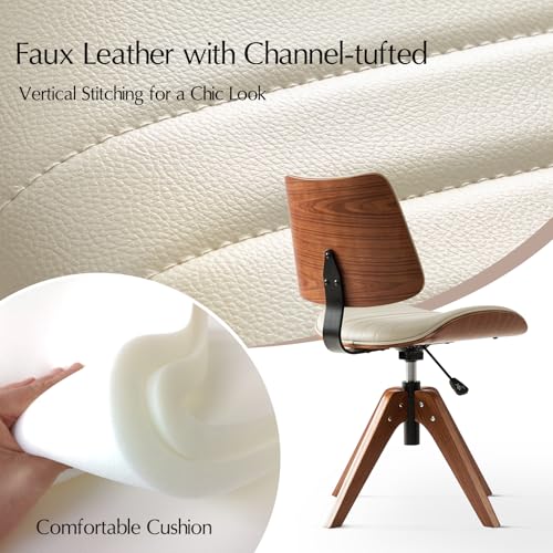 HULALA HOME Faux Leather Home Office Chair with Solid Wood Legs, 360° Swivel Desk Chair No Wheels with Bentwood Design, Mid-Century Modern Wide Seat Computer Task Chair, Ivory HULALA HOME