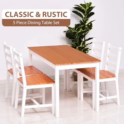 HOMCOM Dining Table Set for 4, 5 Piece Modern Kitchen Table and Chairs, Wood Dining Room Set for Small Spaces, Breakfast Nook, White HOMCOM