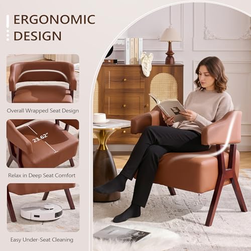 JIASTING Barrel Accent Chairs, Brown Leather Chairs with Solid Wood Frame, Mid-Century Modern Wooden Armchair with Wraparound Back, Comfy Office Reading Chair for Living Room, Bedroom (2, Brown) JIASTING