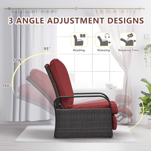 ATR ART TO REAL Outdoor Recliner, Outdoor Resin Wicker Patio Recliner Chair with 5.5'' Cushions, Patio Furniture Auto Adjustable Rattan Sofa, UV/Fade/Water/Sweat/Rust Protected, Easy to Assemble (Red)