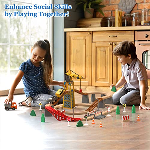 Giant bean Tower Crane Wooden Train Set, 72pcs Toy Battery Operated Train Track for Boys and Girls 3-7, Fit Thomas The Train, Brio, Melissa & Doug Giant bean