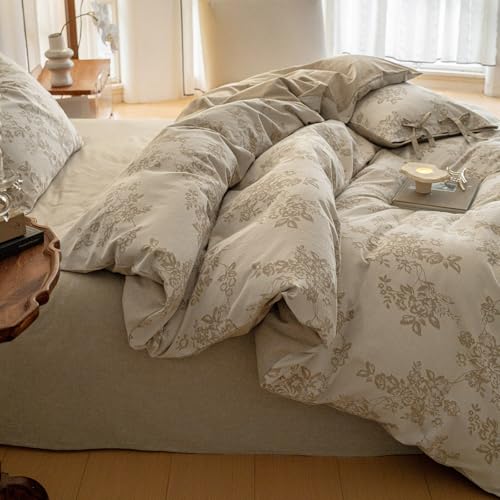VM VOUGEMARKET Linen Cotton Duvet Cover Set King Retro Monet Flower Bedding Set,Jacquard Yarn-Dyed Textured Comforter Cover with Bowknot-104 x90,Khaki VM VOUGEMARKET
