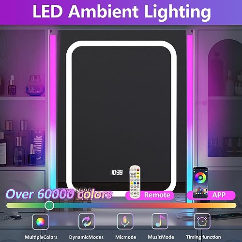 White Vanity Desk with Mirror and Lights,Makeup Vanity with RGB Lights and Power Strip,Makeup Desk Vanity Table with 5 Drawers Lots Storage & Time Display,3 Lighting Modes LED Lighted Mirror,41.3in(L) Fameill