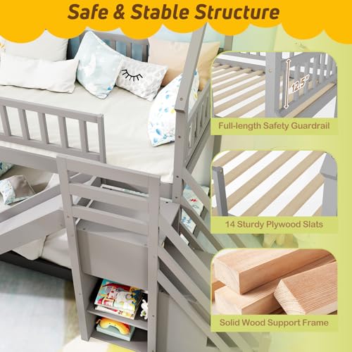 Giantex House Bunk Bed Twin Over Twin with Slide & Stairs, Wood Bunk Bed with Storage Shelves, No Box Spring Needed, Twin Floor Bed for Kids Teens Boys Girls (Grey) Giantex