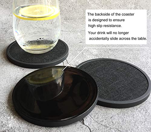 Absorbent Coasters for Drinks with Holder - 6packs, Silicone Coasters with Soft Felt Insert, Black MECOWON