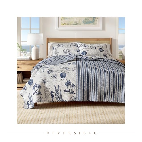 Full / Queen Coastal Quilt Bedding Set, Summer Coastal Quilt with Shams, Beach 3-Piece Reversible All Season Bedspread Quilt Set. Lightweight Nautical Quilted Coverlet. Catalina Collection, Navy. Great Bay Home