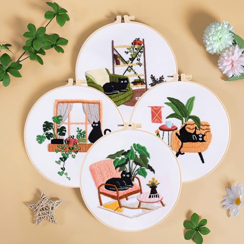 LOMOHOO 4 Sets Cat Embroidery Kit for Beginners, Cute Cat Pattern, Starter Craft DIY Embroidery Sets (Black Cat)