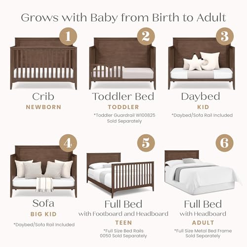 Delta Children Kendall 6-in1 Convertible Crib - Converts from Baby Crib to Toddler Bed, Daybed, Sofa Bed and Full-Size Bed with and Without Footboard, Fits Full-Size Crib Mattress, Teak Brown