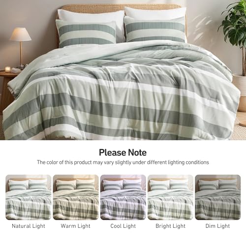 Regency Heights King Comforter Set, 3 Pieces Striped Bed Set, Soft Brushed Microfiber Reversible Bedding Set for All Season, Lightweight & Breathable Bedding Set with Comforter & Shams, Sage Green Regency Heights