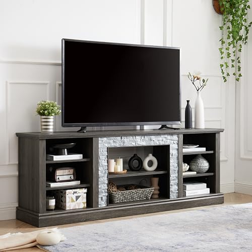 Jenvor TV Stand Large 75 Inch Media Console Table with Faux Stacked Stone Surround, Large Storage Cabinet, 6 Cable Cutouts, Adjustable Shelves, Grey 70.12" W x 15.35" D x 25.83" H Jenvor