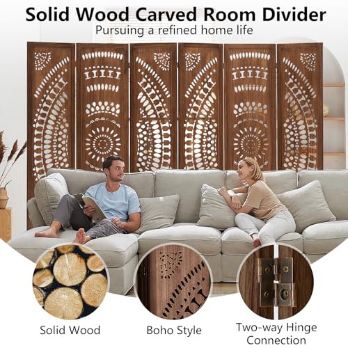 Aletheiawu Room Divider Panel, 6 Panel Boho Room Divider Wall, Wood Room Dividers and Folding Privacy Screens, Boho Room Partitions and Dividers for Bedroom, Dark Brown Aletheiawu