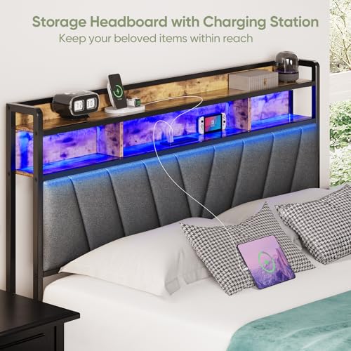 Welzona Full Size Bed Frame with Headboard, LED Lights Full Bed Frames with Charging Station, 2-Tier Storage Shelves, Heavy Duty Metal Slats, Noise-Free, No Box Spring Needed, Easy Assembly, Brown Welzona