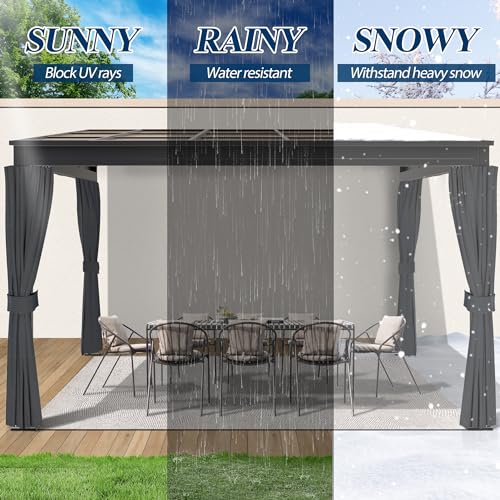 COVERONICS 10' X 13' Outdoor Polycarbonate Hardtop Gazebo - Wall-Mounted Aluminum Frame Gazebo with Slope Roof, Heavy-Duty Lean to Gazebo Pergola with Netting & Curtains for Rainy Day, Sunlight, Yard COVERONICS
