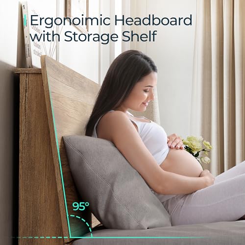 LINSY Full Size Bed Frame with Ergonomic Headboard, RGB Lights, Charging Station & Storage, Brown Farmhouse Design LINSY