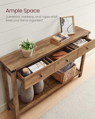 VASAGLE LIRY Collection - Console Table with 3 Drawers and Open Storage Shelf, Narrow Entryway Sofa Table for Living Room, Farmhouse Style, Metal Corners, Honey Brown ULNT142KB02S VASAGLE