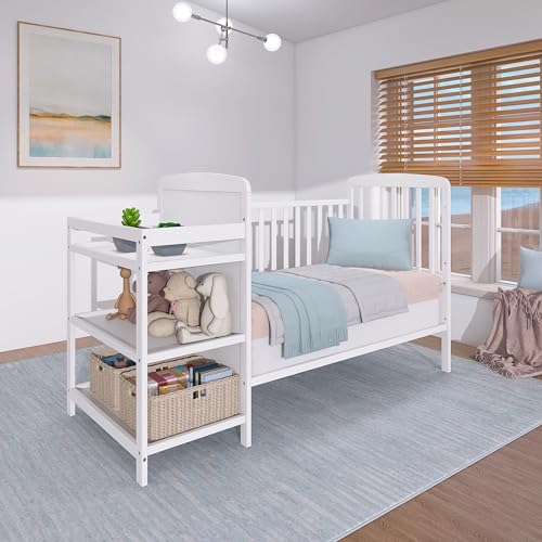 Dream On Me Anna 3-in-1 Convertible Full-Size Baby Crib & Changer with Storage in White, GreenGuard Gold & JPMA, Pinewood, Converts to Day & Toddler Bed, 3 Mattress Heights, 1″ Changing Pad