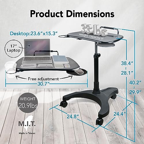 EHO Mobile Laptop Desk Cart with Wheels, Height Adjustable Standing Desk with Pneumatic Lift, Rolling Workstation with Mouse Tray and Cup Holder, Portable Table for Home Office or Classroom EHO