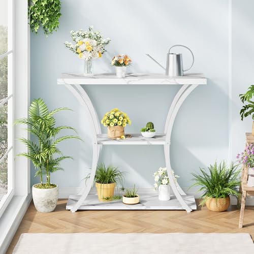 Hoctieon 3 Tier Console Table with Open Wood Shelves, Decorative Entryway Table with Curved Metal Frames, Narrow Sofa Table for Entrance, Living Room, Hallway, White Marbled Hoctieon