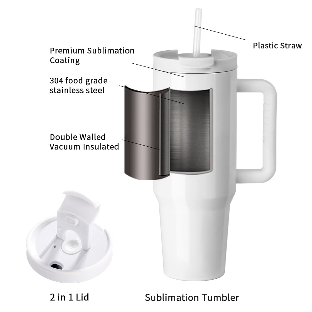 PYD Life 2 Pack 40 OZ Sublimation Tumblers with Handle White Blanks Stainless Steel Cups Mugs with Lid and Plastic Straw for Sublimation Oven Tumbler Heat Press Printing PYD Life