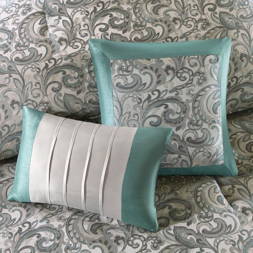 Madison Park 24 Piece Faux Silk Paisley Queen Comforter Set with Matching Curtains, Down Alternative Hypoallergenic - Teal, Queen (90 in x 90 in) Madison Park