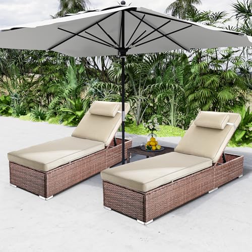 Rophefx Outdoor PE Wicker Patio Lounge Chairs Set of 2, Outside Rattan Pool Lounge Chair with Cup Holder & Adjustable Backrest, Brown Rattan Recliners for Poolside Deck Beach Yard (Beige Cushions)