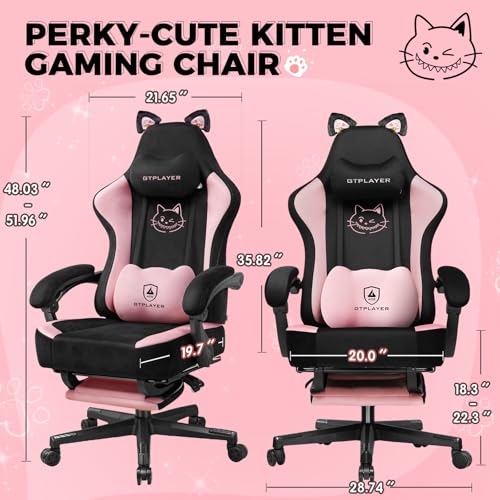 GTPLAYER Pink Gaming Chair Cute with Cat Ears Ergonomic Computer Chair with Cat Embroidery Adjustable Memory Foam Lumbar Support and Headrest Comfortable Reclining Office Chair Soft Velvet Fabric GTPLAYER