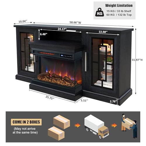 Unineo 59 Inch LED TV Stand with 3-Side Glass Fireplace, Modern Media Entertainment Center Console Table for TVs up to 65 Inch with Adjustable Flame & LED Color, 24’’ Fireplace, Highboy, Black Unineo
