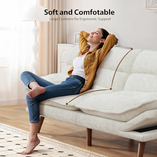 Pipishell Futon Sofa Bed, Convertible Futon Adjustable Backrest & Armrests, Corduroy Sleeper Couch for Small Spaces, Living Room, Office, Guest Room (Pearl White, 66 Inch) Pipishell