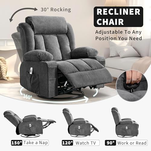 GarveeLife Rocking Recliner Chair for Nursery Glider Recliner with Cup Holder Swivel Rocker with Upholstered Deep Seat Comfy Single Sofa for Living Room Grey