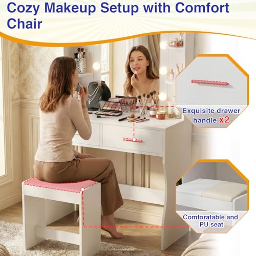 FDW Vanity Desk with Mirror and Lights, 2-Drawer Makeup Vanity Desk with 3 Adjustable Light Colors, 6 Shelves and Power Outlets for Bedroom, White FDW