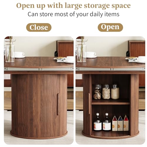 weselon 43"-59" Extendable Round to Oval Dining Table with Hidden Storage, Modern Wooden Kitchen Table with Fluted Sliding Door Cabinet, Expandable Dinner Table for Dining Room Living Room (Walnut) weselon