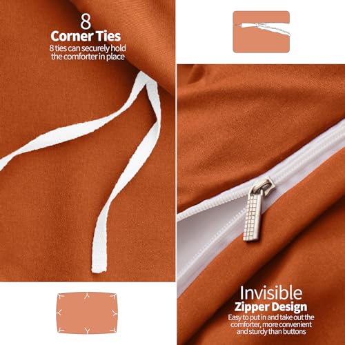 VACVELT 5 Piece Pinch Pleated Duvet Cover Full/Queen Size Set, Burnt Orange Pintuck Duvet Cover with Zipper & 8 Ties, Shabby Chic Microfiber Duvet Cover + 2 Pillow Shams + 2 Pillowcases, No Comforter VACVELT