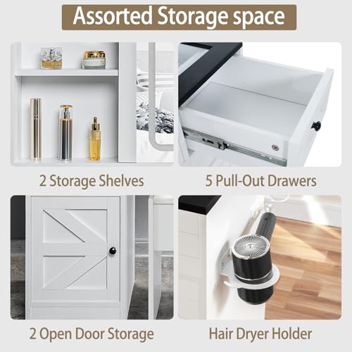 Hoyiestp Vanity with Sliding Barn Mirror, Glass Top Makeup Desk with Outlet & Charging Station, 3-Color Lights, 7 Drawers & Shelves for Bedroom, Modern Adjustable Storage Dresser Table Hoyiestp