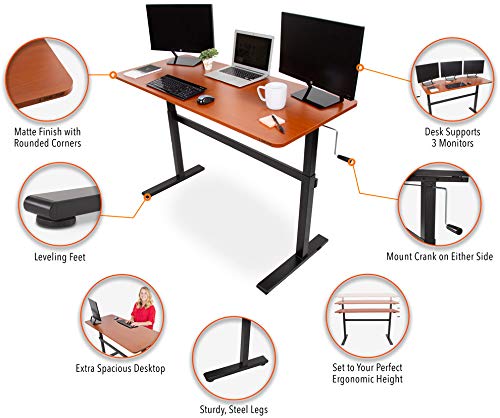 Stand Steady Tranzendesk | 55 Inch Standing Desk with Detachable Wheels | Crank Height Adjustable Sit to Stand Workstation | Modern Ergonomic Desk Supports 3 Monitors (Cherry) Stand Steady