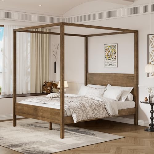 Christopher Knight Home Darnel Wooden Canopy Bed Frame Queen Size with Headboard, 4 Poster Platform Queen Bed Frame, Strong Wood Slat Mattress Support, No Box Spring Needed, Antique Natural