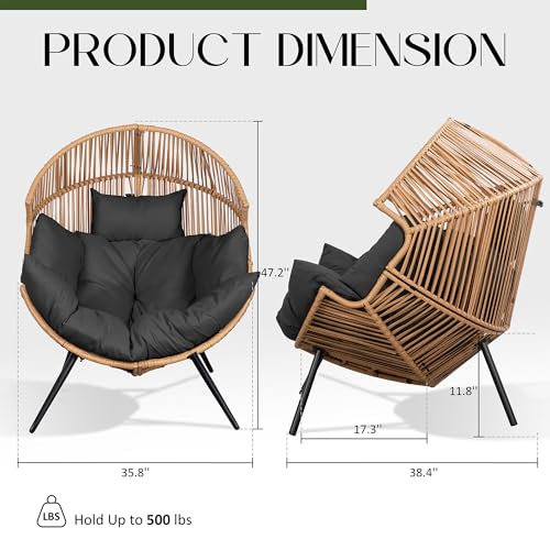 JAMFLY Egg Chair Wicker Outdoor Chairs, Oversized Patio Chair Oversized Lounger Chair with Cushion for Indoor Living Room, Bedroom, Outside Patio Backyard Balcony, Gray Cushion JAMFLY