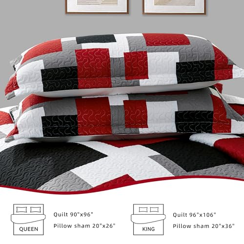 Tyrot 3 Piece Red Black Grey Quilt Set Full/Queen Size Christmas Red Geometric Reversible Bedding Set Microfiber Lightweight Bedspread Coverlet with 2 Shams Modern Bed Cover for All Season, 90''x96'' Tyrot