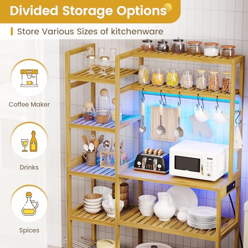 FORABAMB 10-Tier Bamboo Bakers Rack with Power Outlets and RGB LED Lights FORABAMB