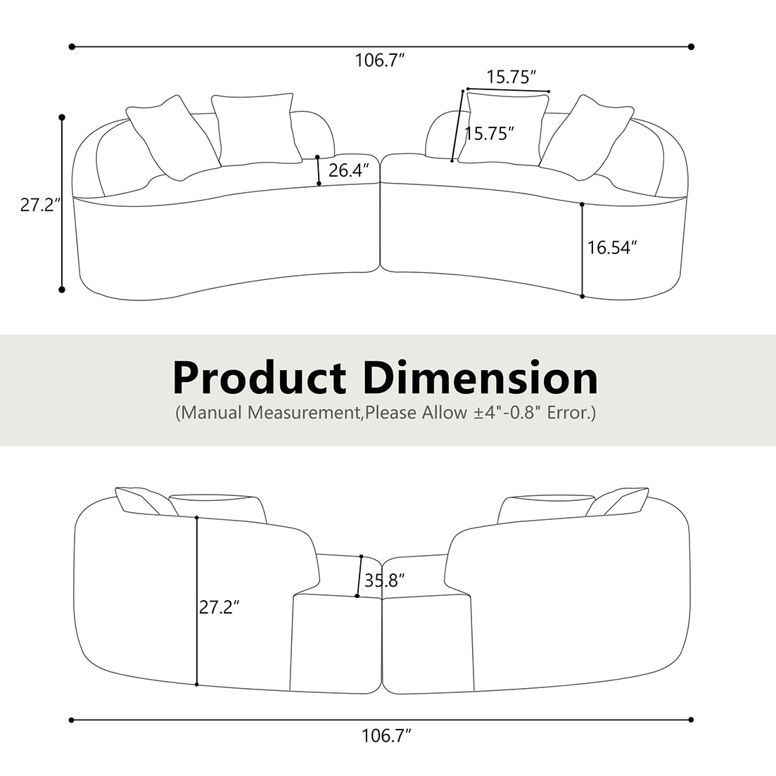 wellzoo Modern Curved 4-Seater Sofa, 106.7 inch Wide, Teddy Velvet Fabric, White wellzoo