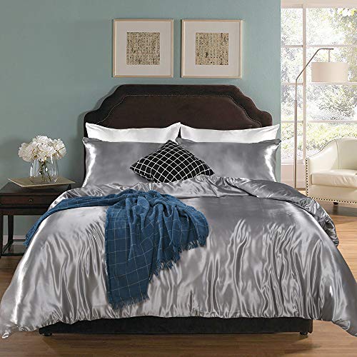 Erosebridal Hotel Grey Duvet Cover King Silk Like Satin Bedding Set Summer Reversible Quilt Comforter Cover Honeymoon Sexy Luxury Soft Lightweight Brushed Bedspreads for Farmhouse Room Decor Erosebridal