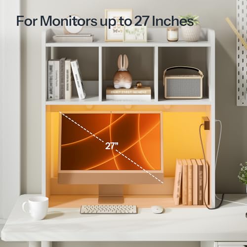 HOOBRO Desktop Bookshelf, Office Desktop Shelf, Desk Hutch with Outlets, Wooden Office Desktop Bookcase, Desktop Organizer Shelf with LED Light Strip and 3 Hooks, for Home, Study, White WT12UDSJ01 HOOBRO