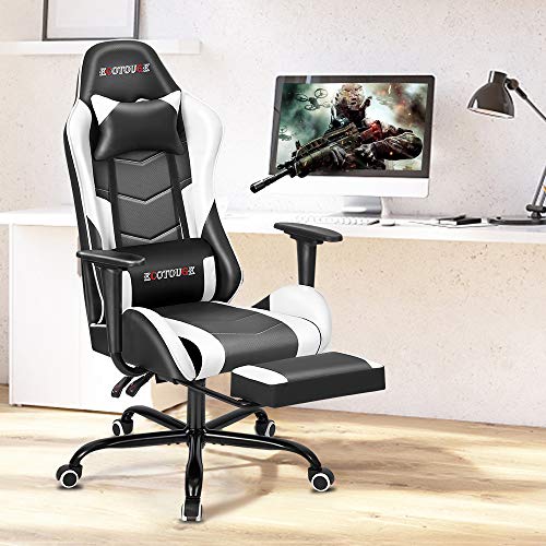 ECOTOUGE PC Massage Gaming Chair with Footrest Ergonomic Office Desk Chair Racing PU Leather Recliner Swivel Rocker with Headrest and Lumbar Pillow,White ECOTOUGE