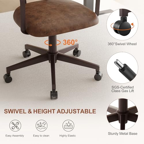 BFZ Mid Century Retro Home Office Desk Chair with Back, Faux Leather Adjustable Height Rolling Swivel Computer Task Armrests Chair for Home Office, Brown BFZ