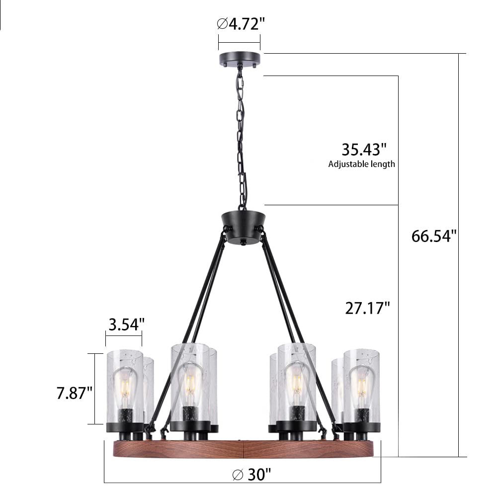 Wellmet 8-Light Farmhouse Chandeliers for Dining Room, 30 inch Rustic Wagon Wheel Chandelier with Seeded Glass Shade, Antique Vintage Round Wood-Painted Hanging Lighting Kitchen Island Living Room Wellmet