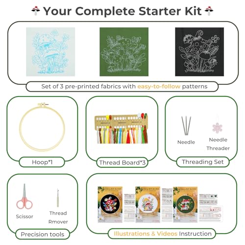 SunorthLife Embrodiery Kit for Beginners, Embrodiery Starter Sets for Adults Including Embrodiery Patterns, Threads, Needles, Hoop (Mushroom)