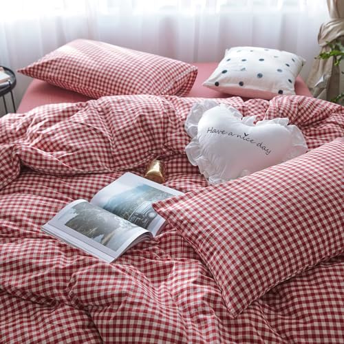 mixinni Red Gingham Comforter Set Twin XL, Plaid Comforter Set 3 Pieces 1 Red Grid Comfoter with 2 Pillow Cases for All Seasons, Soft Fluffy Modern Grid Pattern Printed Bedding-Twin XL Size mixinni